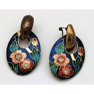 Vintage Cloisonne Floral Enamel Dangle Earrings Blue Gold Tone Rhinestone Clip